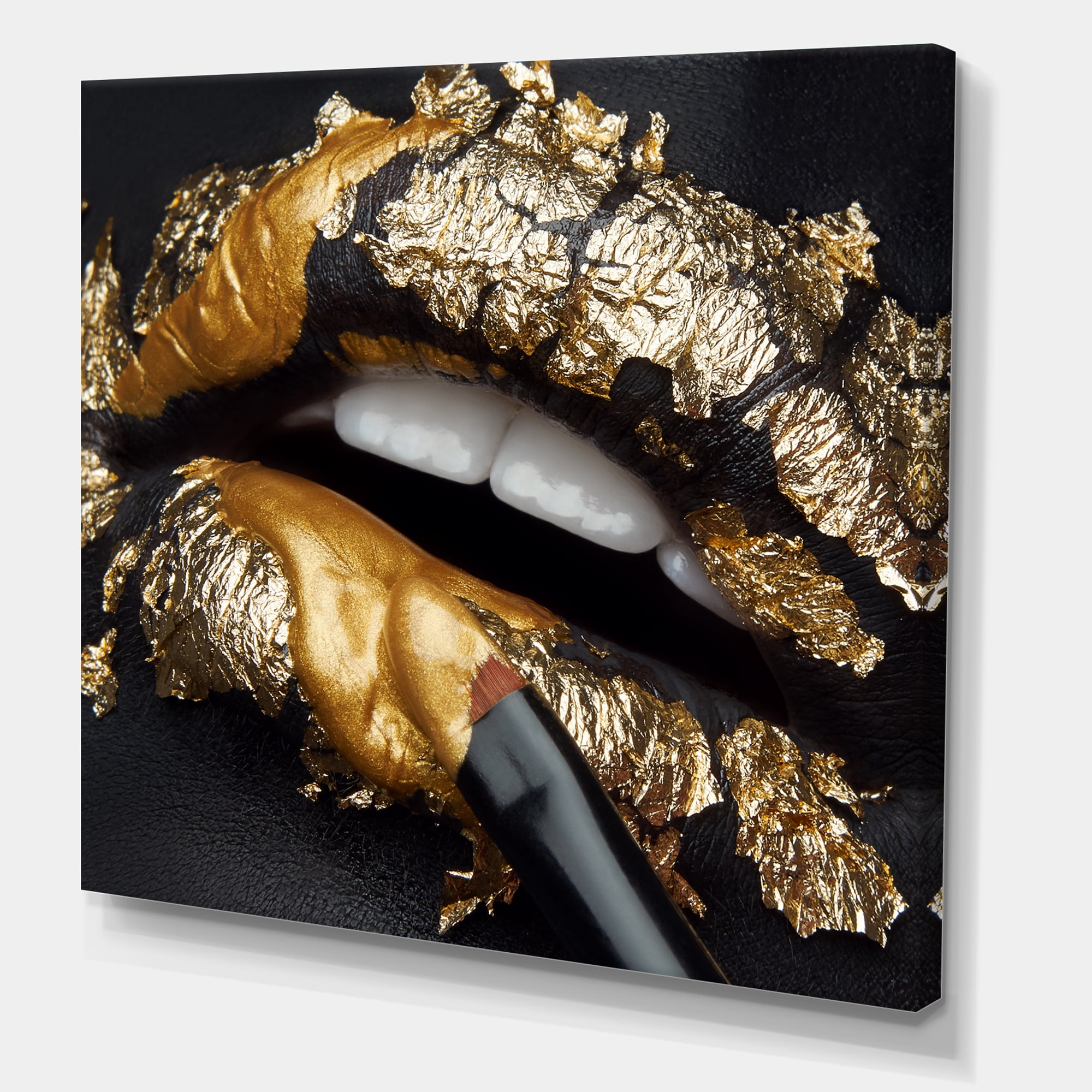 Designart ' Female Lips With Black Leather and Gold Foil ' Modern Canvas Wall Art Print