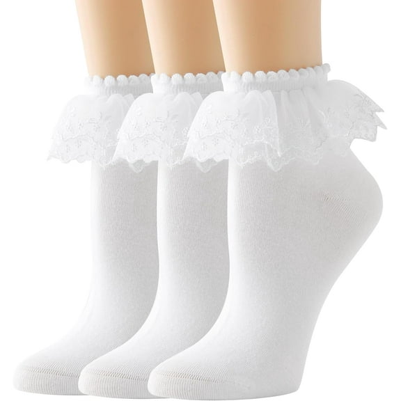 Lace Ruffle Frilly Ankle Socks for Women - Cotton Socks Double Layer Lace Socks
