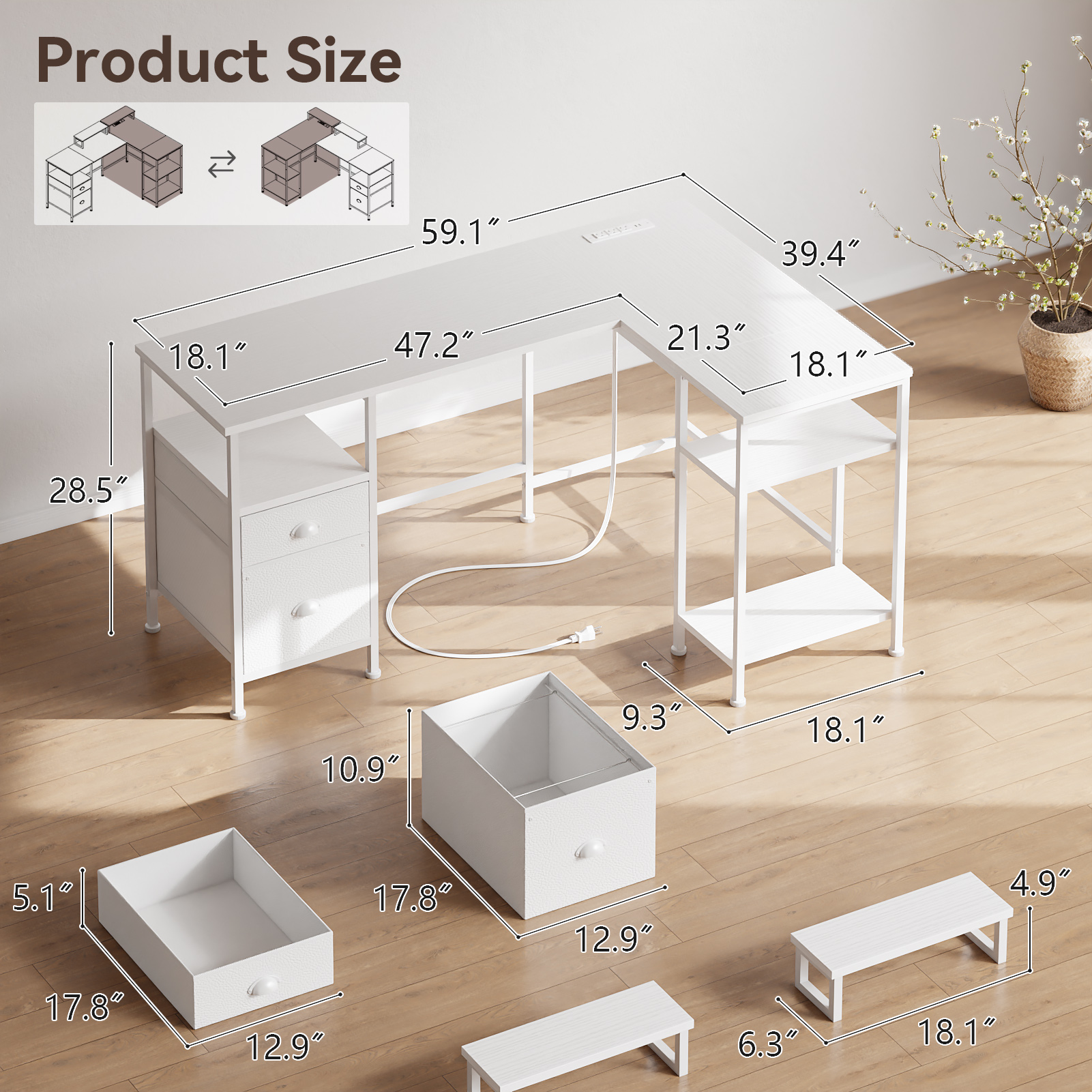 Satifur 59-Inch L-Shaped Computer Desk with Power Outlets, White photo 2