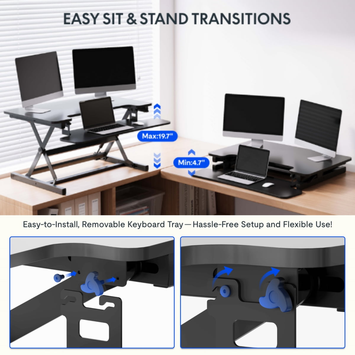 FLEXISPOT 47 " Height Adjustable Stand Up Desk Converter, Height Adjustable Sit to Stand Riser, Dual Monitor and Laptop Workstation with Wide Keyboard Tray,Black