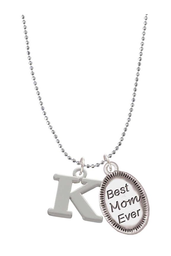 Silvertone Large Initial - K - Best Mom Ever Charm Necklace