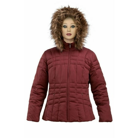 Calvin Klein Womans Burgundy Down Jacket with Faux Fur Hoodie BNWT