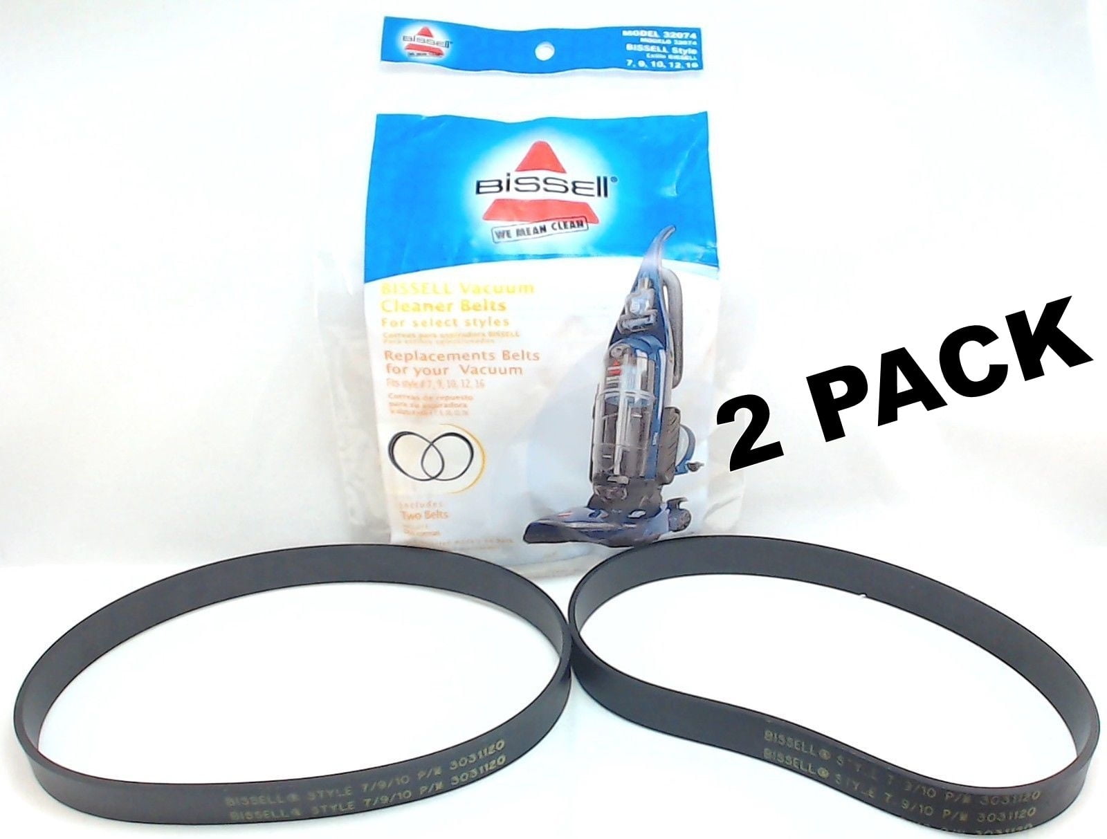 2 Pk, Bissell Vacuum Belts, Style 7 9 10 12 14 16 2Pk 32074
