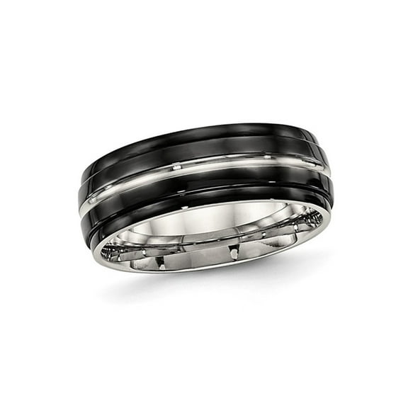 Gem & Harmony Mens Black Plated Stainless Steel Ridged Wedding Band Ring (8.0mm) for Men