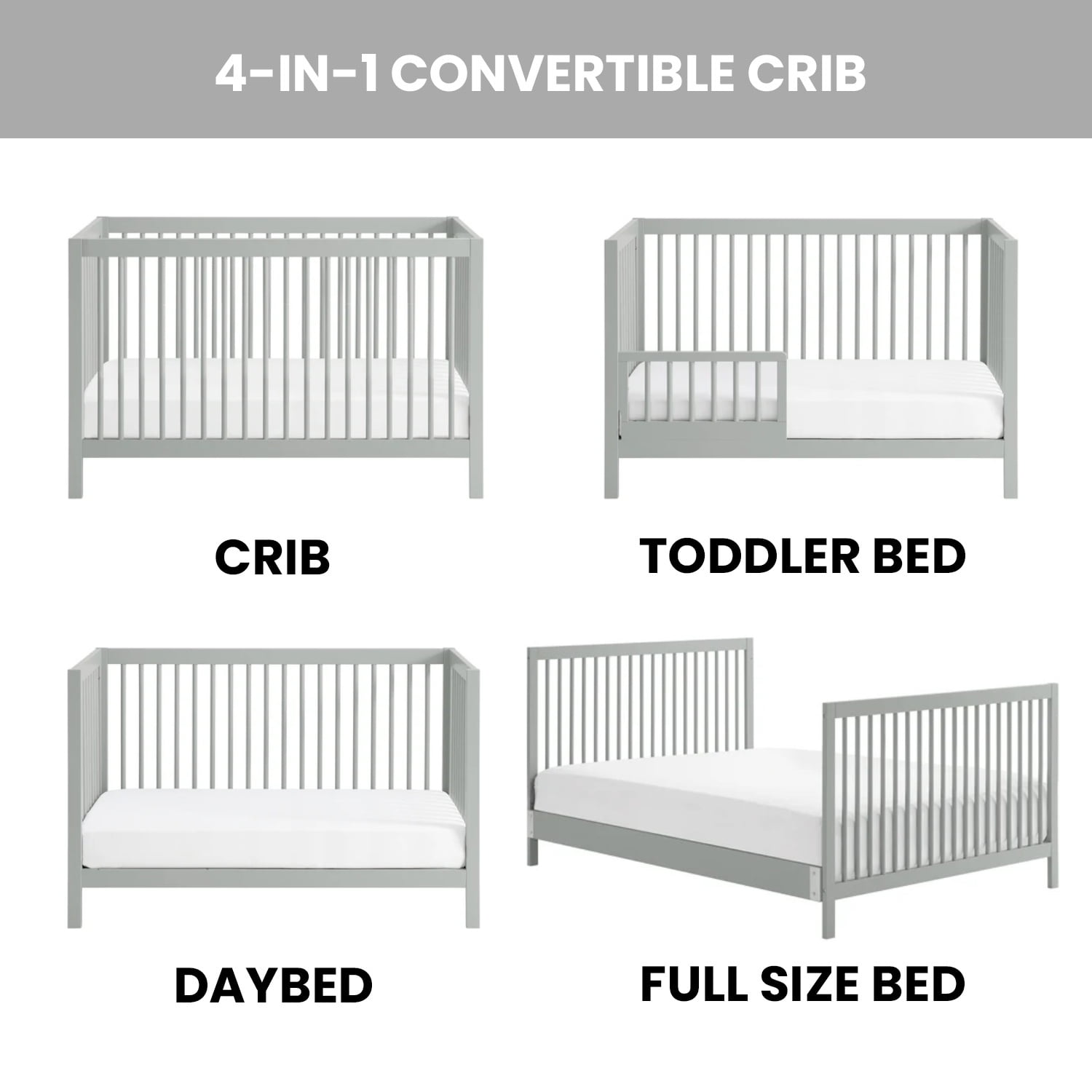 Oxford Baby Essential Island Full Size 4-in-1 Convertible Crib with Round Spindles, Gray