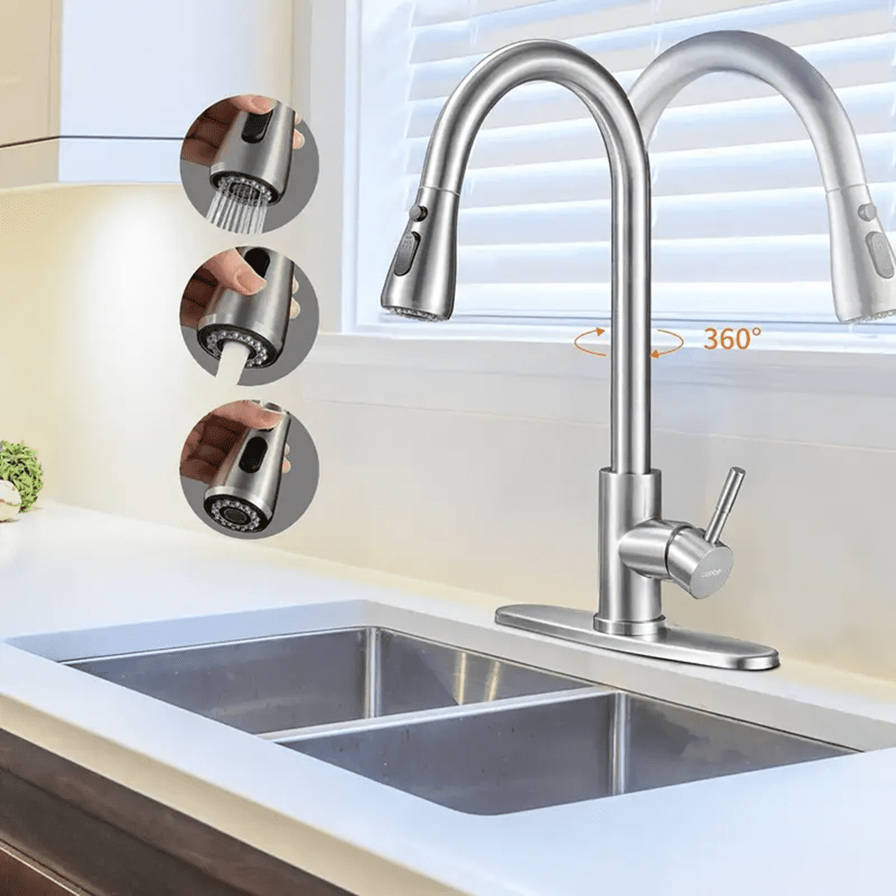 Brushed Nickel Kitchen Faucet with Pull-Down Spray Single Handle High Arc Commercial Stainless Steel Brushed Nickel Kitchen Sink Faucet with Deck Plate