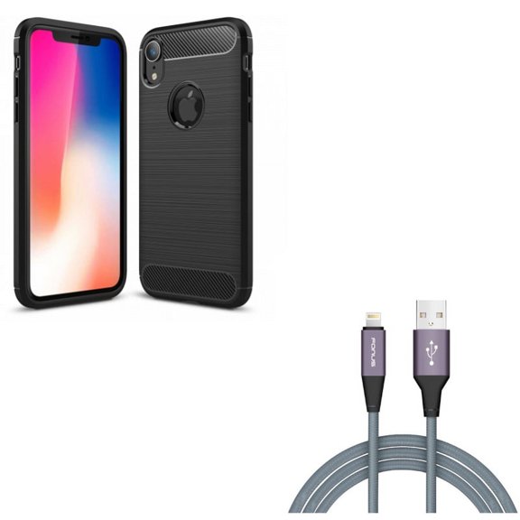 Case w 6ft USB Cable for iPhone XR - Carbon Fiber Slim Fit Cover Reinforced Bumper Shock Absorbent, Charger Cord Power Wire Braided Long Compatible With iPhone XR