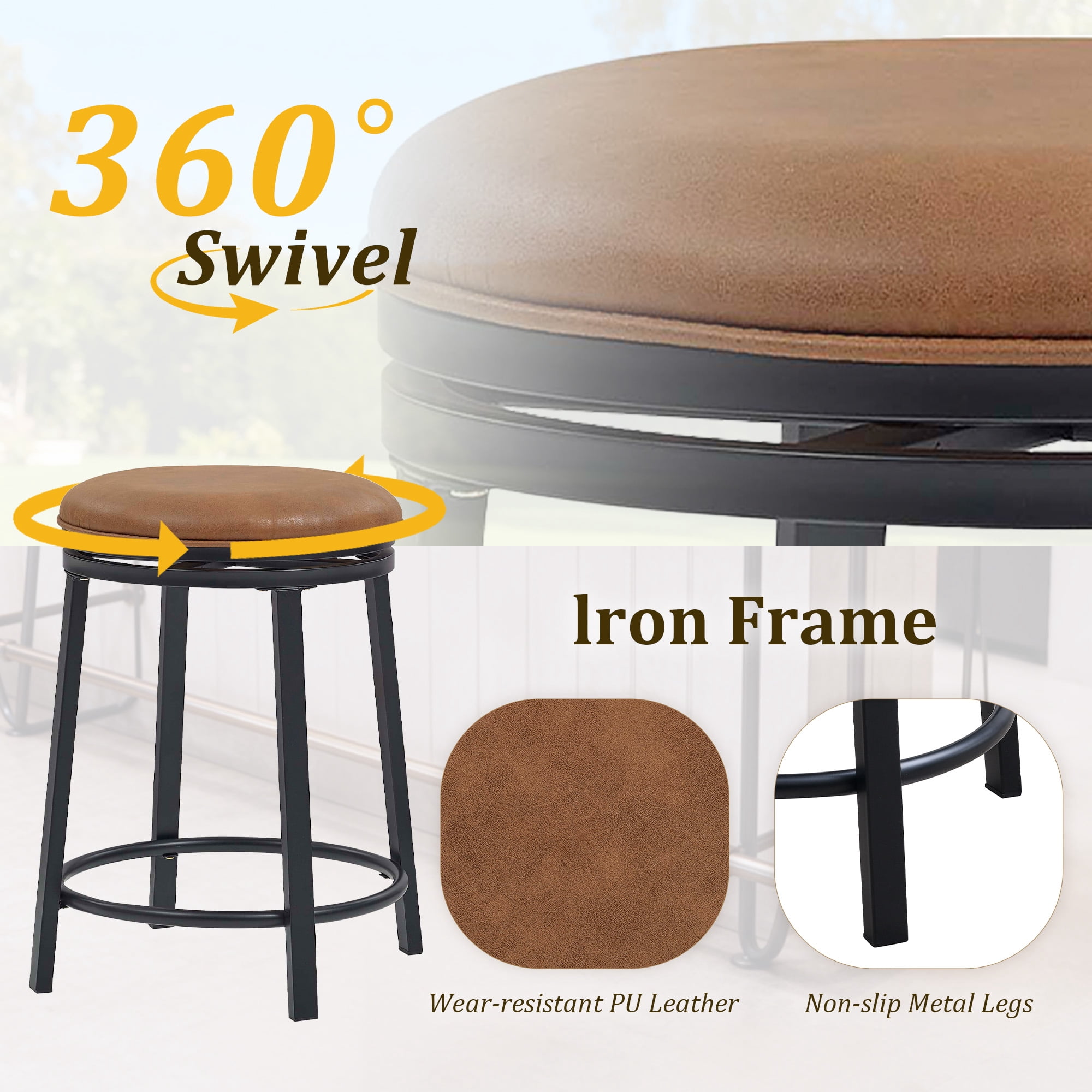 MOONMISS 360° Degree Swivel Bar Stool - Counter Height Metal Frame Stool for Kitchen Island, Home Bar &Cafe(Setof 2),Brown