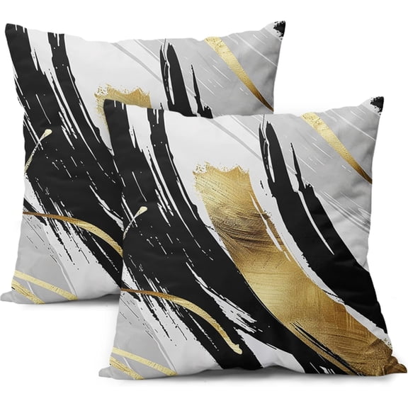 Black White Gold Pillow Covers 18X18 Inch Golden Brush Decorative Pillow Cases Set of 2 Modern Farmhouse Throw Pillows Rustic Country Home Decor for Sofa Living Room Bedroom