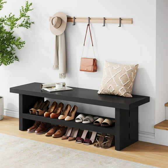 Condemo 2 Tier Entryway Bench, 47.24" Shoe Bench, Rustic Shoe Rack, Wooden Storage Bench for Entryway Hallway Living Room Bedroom, Easy Assembly, Black
