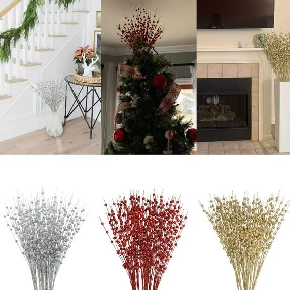 ZDWQFA 10Pcs/Set Christmas Artificial Glitter Berry Stems 19.69" Holly Berry Picks Ornaments Fake Christmas Tree Pick Sticks Decorations Glitter Twig Branches Gift for Vase Home Wedding Holiday
