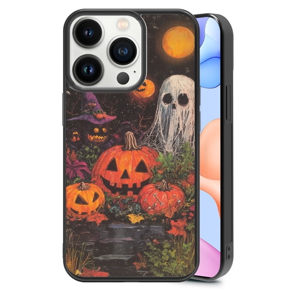 Halloween Pumpkin Ghost for iPhone 16 Pro Max Case, Cute Aesthetic Christmas Puzzle Shock-Absorbent Protective,Black