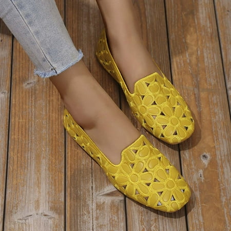 

Honeeladyy Bathroom Sandals Hollow Women s Breathable Casual Flat Bottom Square Head Shallow Cut Single Shoe Embossed Shoes