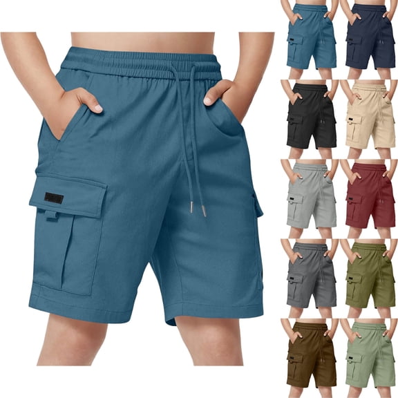 DJDLJWCJ Boys Cargo Shorts with Pockets Elastic Waist Relaxed Fit Athletic Shorts Workout Pants Boys for Outdoor Sports, Blue 14 Years