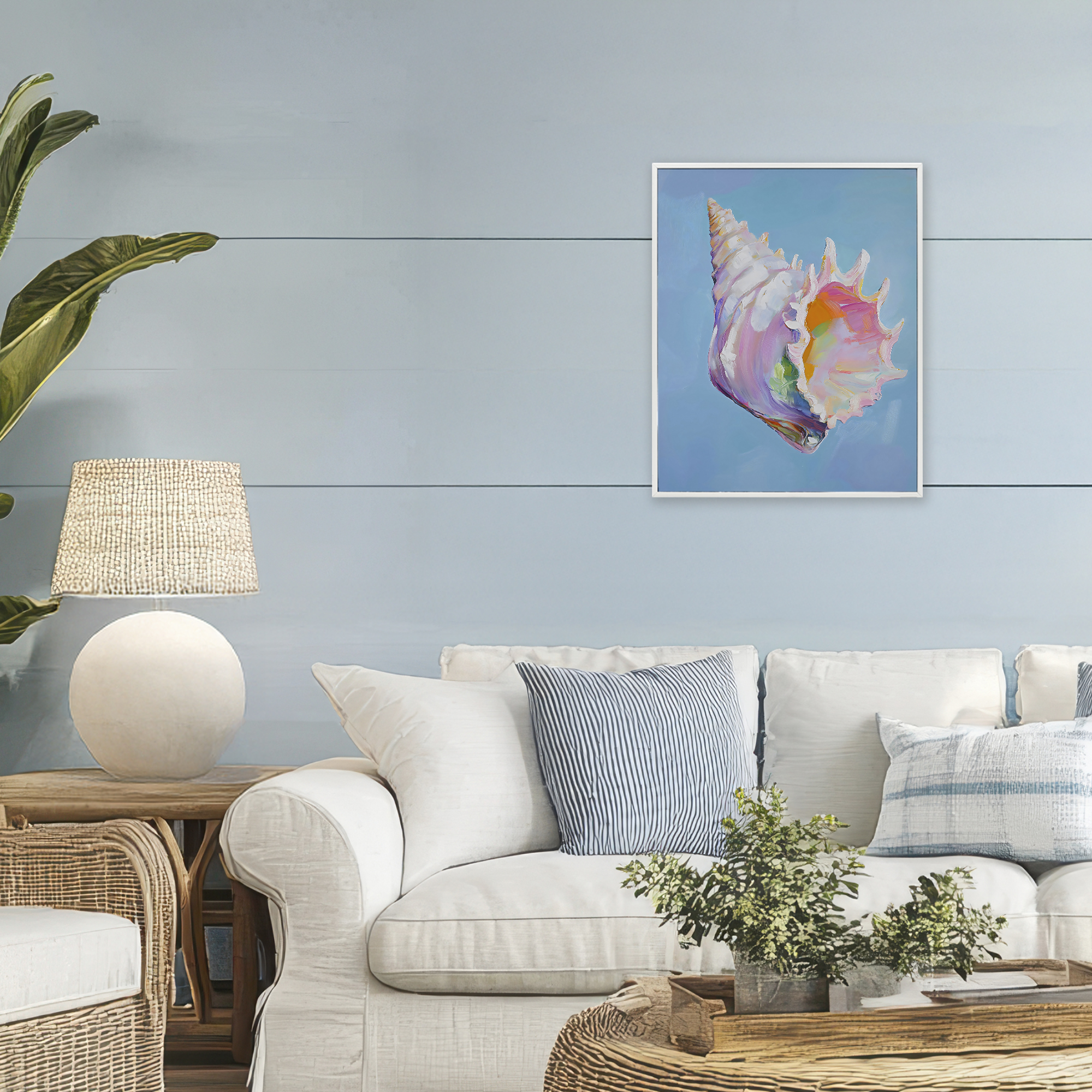 Stupell Industries Pastel Hued Conch on Blue White Framed Giclee Art, design by The Prints Vibe