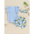 thumbnail image 6 of Suagox Baby Girl 3Pcs Clothes Set Summer Outfits Letter Print Fly Sleeve Rompers Fruits Print Bowknot Shorts Headband for 0-18 Months Baby, 6 of 10