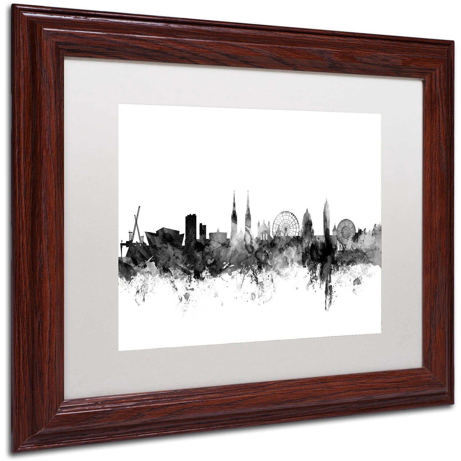 Trademark Fine Art "Belfast N. Ireland Skyline B&W" Canvas Art by Michael Tompsett, White Matte, Wood Frame