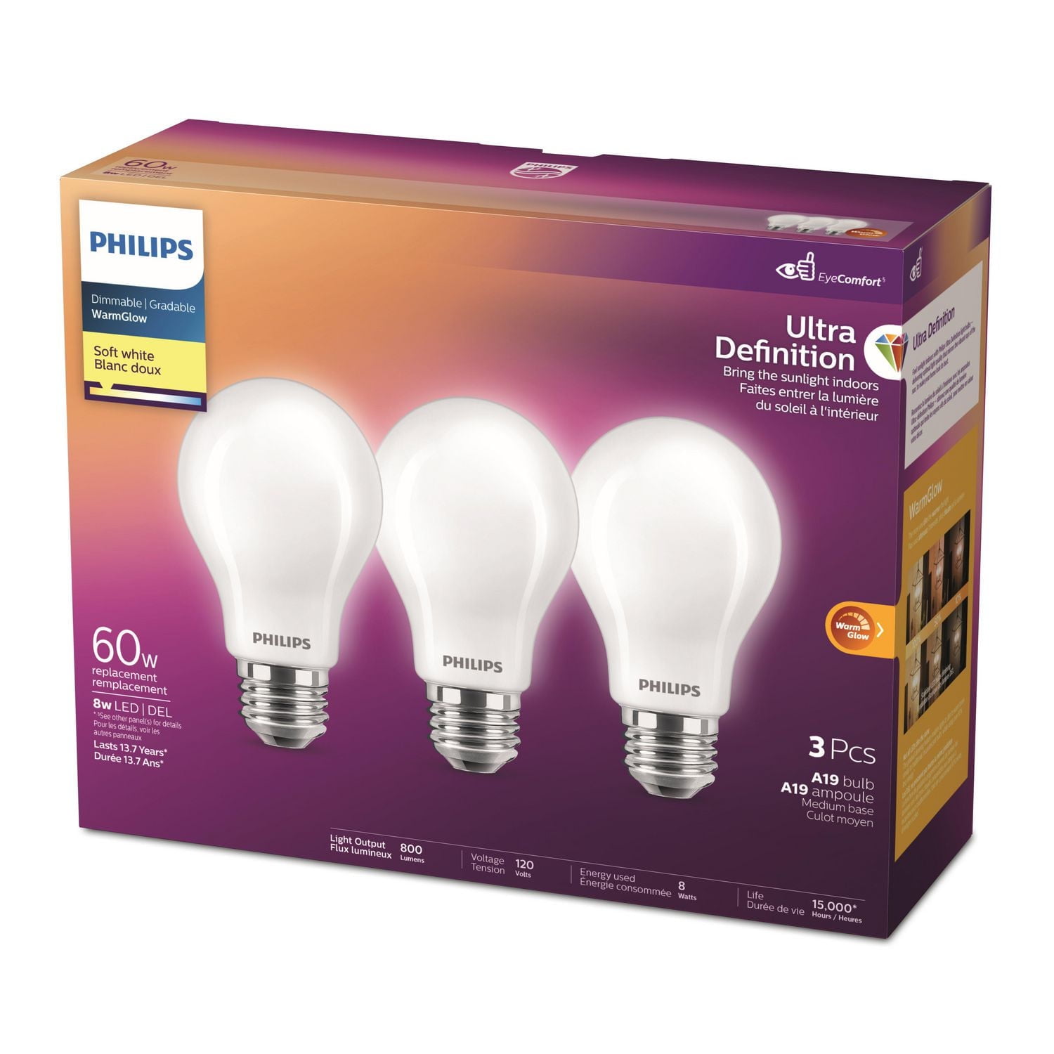 Philips DEL Ultra Definition 60W ampoule A19 blanc doux (paq de 3) PHL DEL 60W A19 SW 3
