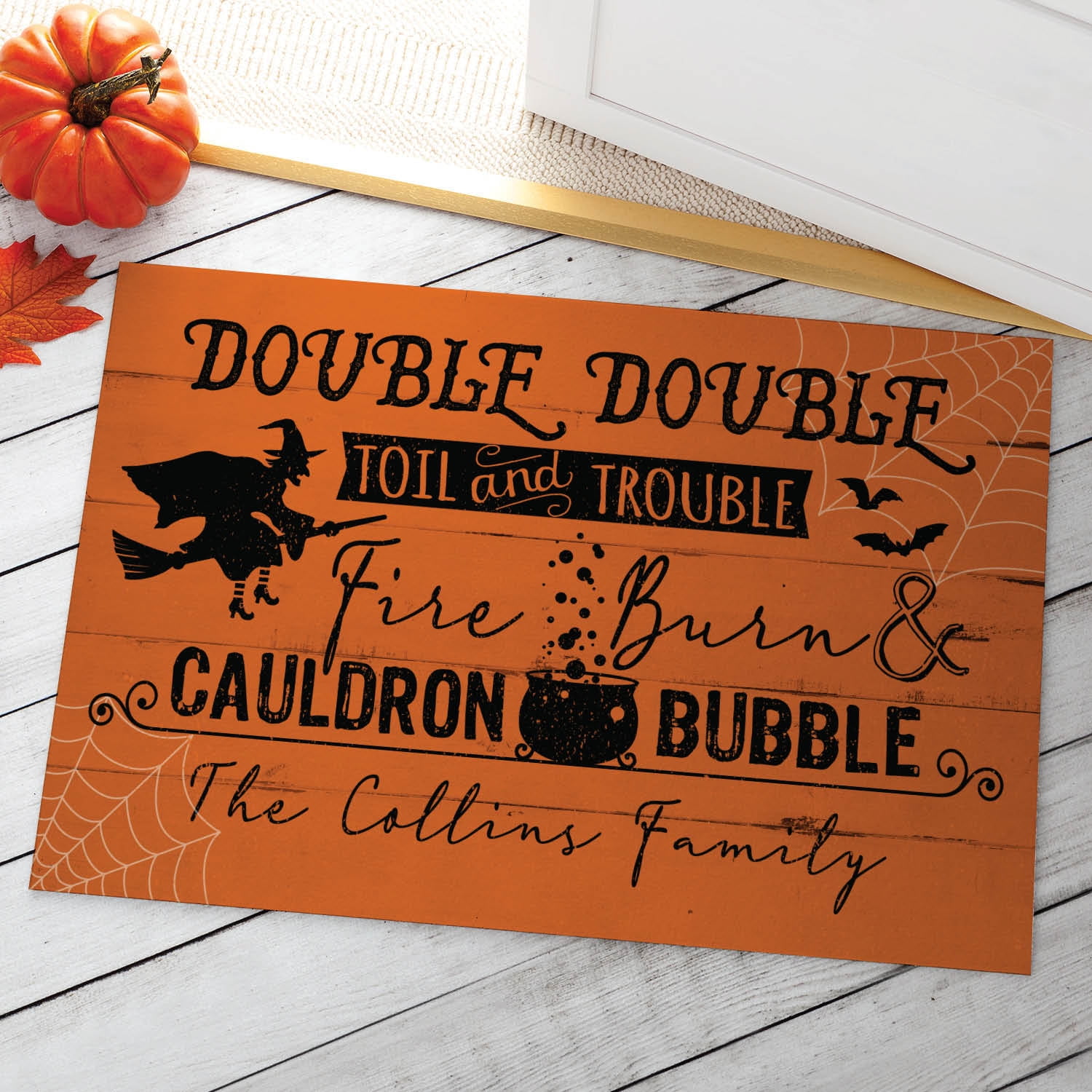 Personalized Planet 27x18 Double Double Toil and Trouble Fire Burn & Cauldron Bubble Halloween Doormat with Custom Name Printed on Orange Rectangular 1/4” Thick Non Slip Mat for Deck or Porch