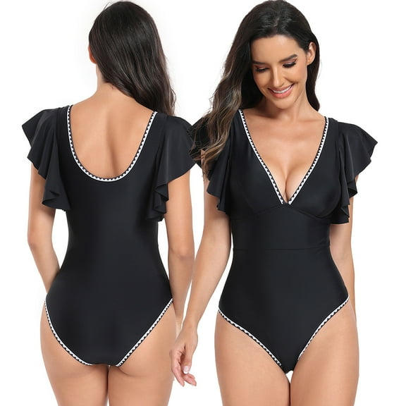 Zoeecloth One Piece Swimsuits for Women Ruffle V Neck Ruched Tummy Control Bathing Suits S-XL