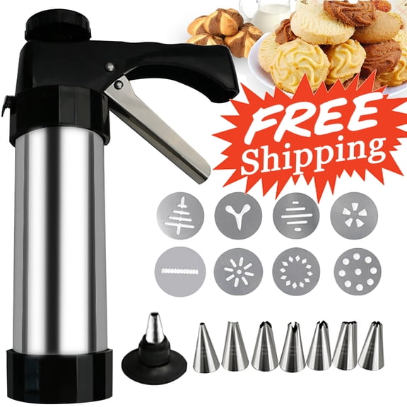 Cookie Press,Classic Stainless Steel Spritz Cookie Press for Baking,Cookie Press Guns,Featuring 8 Decorative Stencil Discs and 8 Icing Tips,Deluxe Cookie Maker