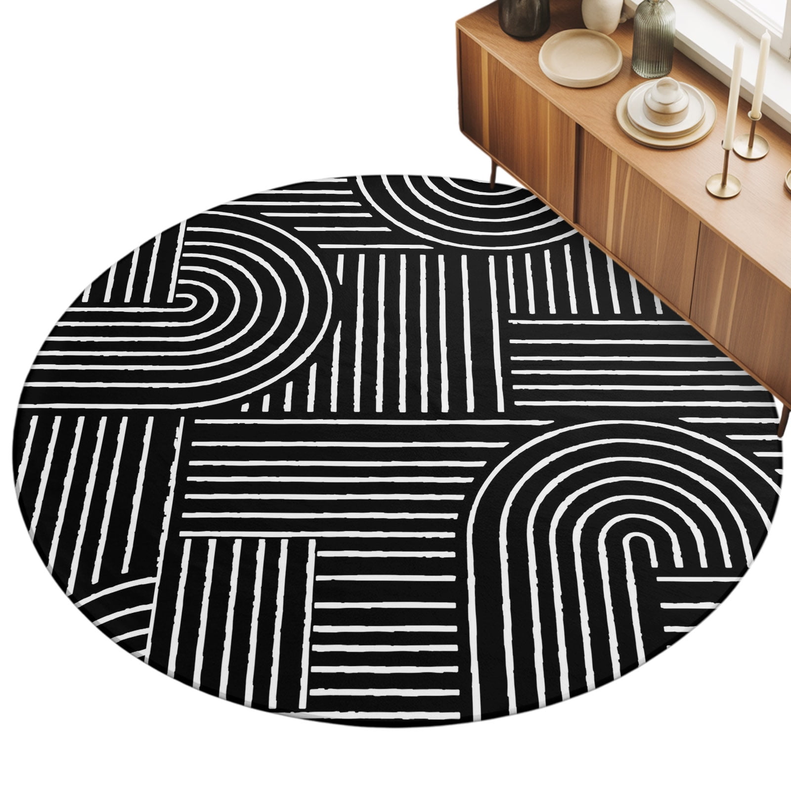 Round Area Rug 4ft Black Graphic Lines Floor Carpets Indoor Floor Area Mat Stain-Proof Mat Circle Rugs for Living Room Dining Room Kitchen Bedroom Boho Geometric Contrast Stripes Sofa Throw Carpet