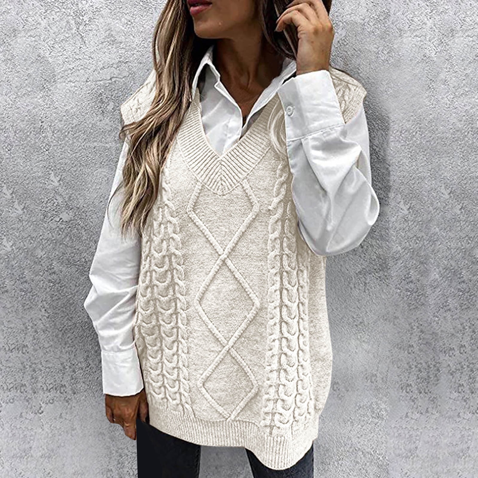 POROPL Knit Sleeveless V-Neck Solid Women'S Sweater Vests White Size S ...
