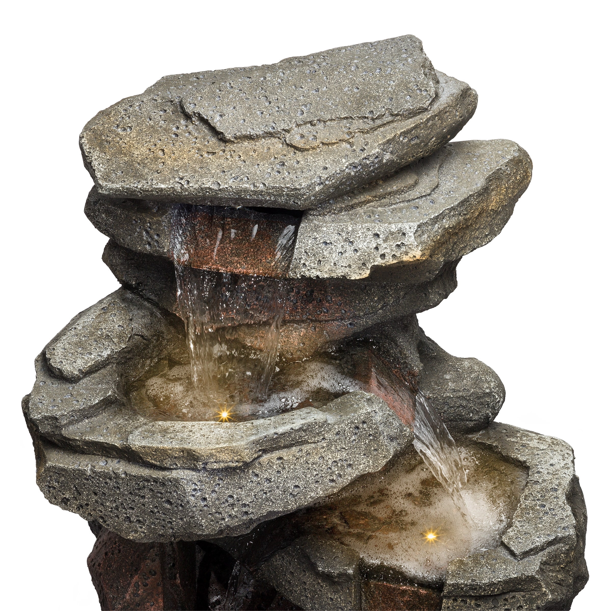 Alpine Corporation WIN1184 40" Outdoor Floor 3-Tiered Rock Waterfall Fountain with LED Lights, Natural Stone Look – Cascading Water Feature for Gardens, Patios, Yards, and Outdoor Décor, Gray
