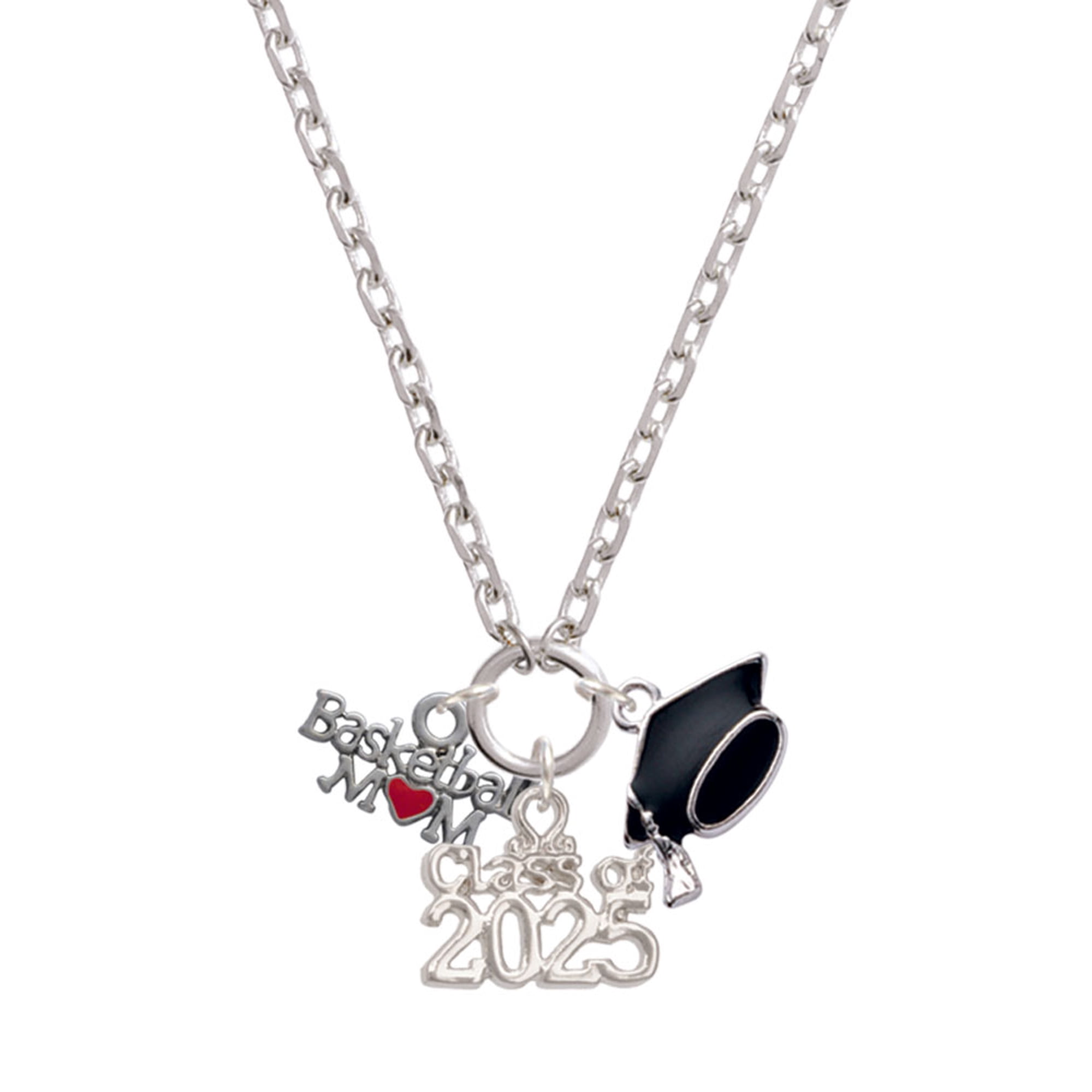 Delight Jewelry Silver-tone Basketball Mom with Red Heart - Silver-tone Class of 2025 Graduation Zoey Necklace, 28"