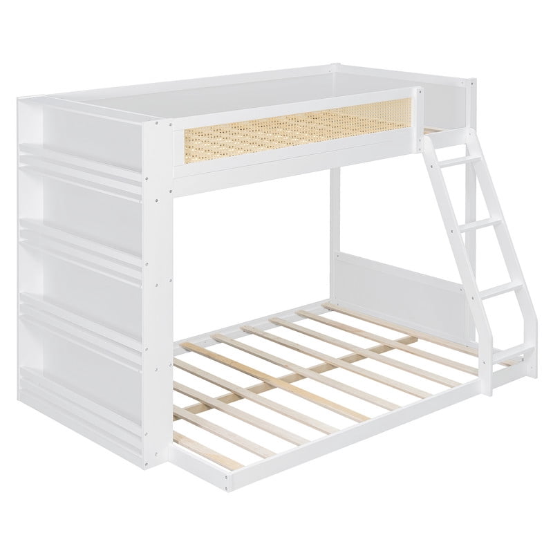 Twin-Over-Full Bunk Bed with Built-in Ladder & LED Strip, Storage Wooden Bed Frame with Bookshelf & Rattan Guardrail
