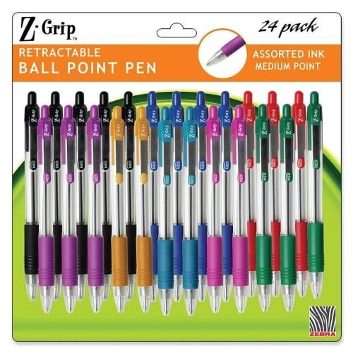 Zebra Pen Z-Grip Retractable Ballpoint Pens Medium Pen Point - 1 mm Pen Point Size - Retractable - Black, Blue, Red, Green, Violet, Orange, Teal, Fuschia - Clear Barrel - 24 / Pack