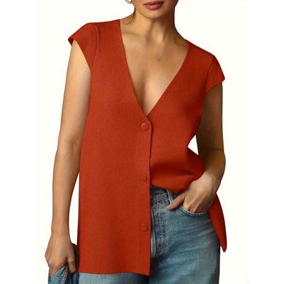 Women's Deep V-Neck Knit Sweater Vest - Sleeveless Button-Up Loose Fit Tops
