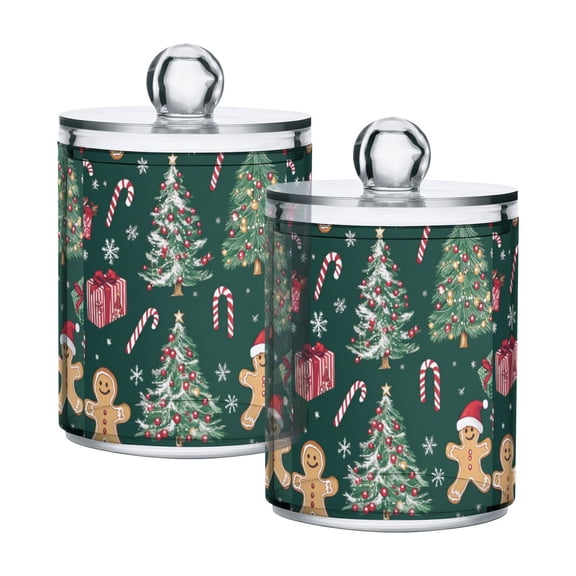 Yayeee 2 Pack Qtip Holder Bathroom Cotton Swab Canister with Lid Clear Dispenser Set, Red Christmas Gingerbread