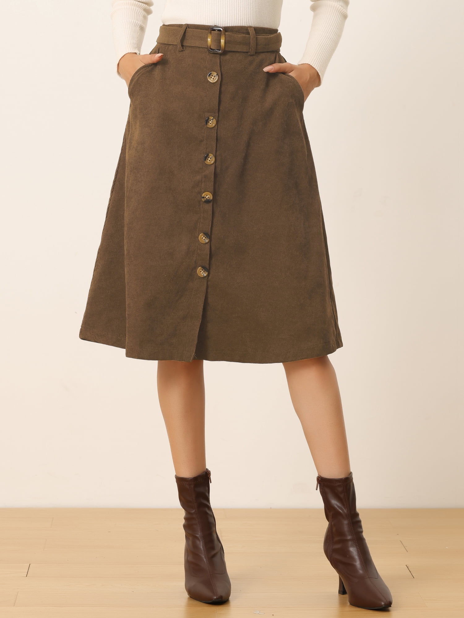 DARING DIVA Women's A-Line Button Front Belted Midi Skirts S Coffee