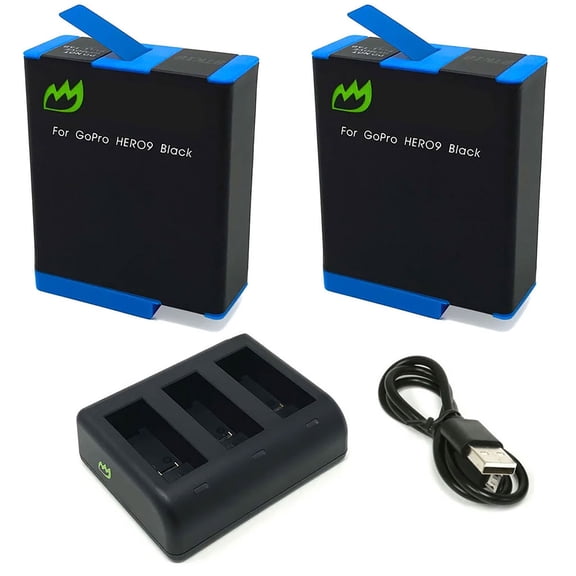 Replacement for GoPro HERO9 Black Battery (2-Pack, 1730mAh) and Triple Charger