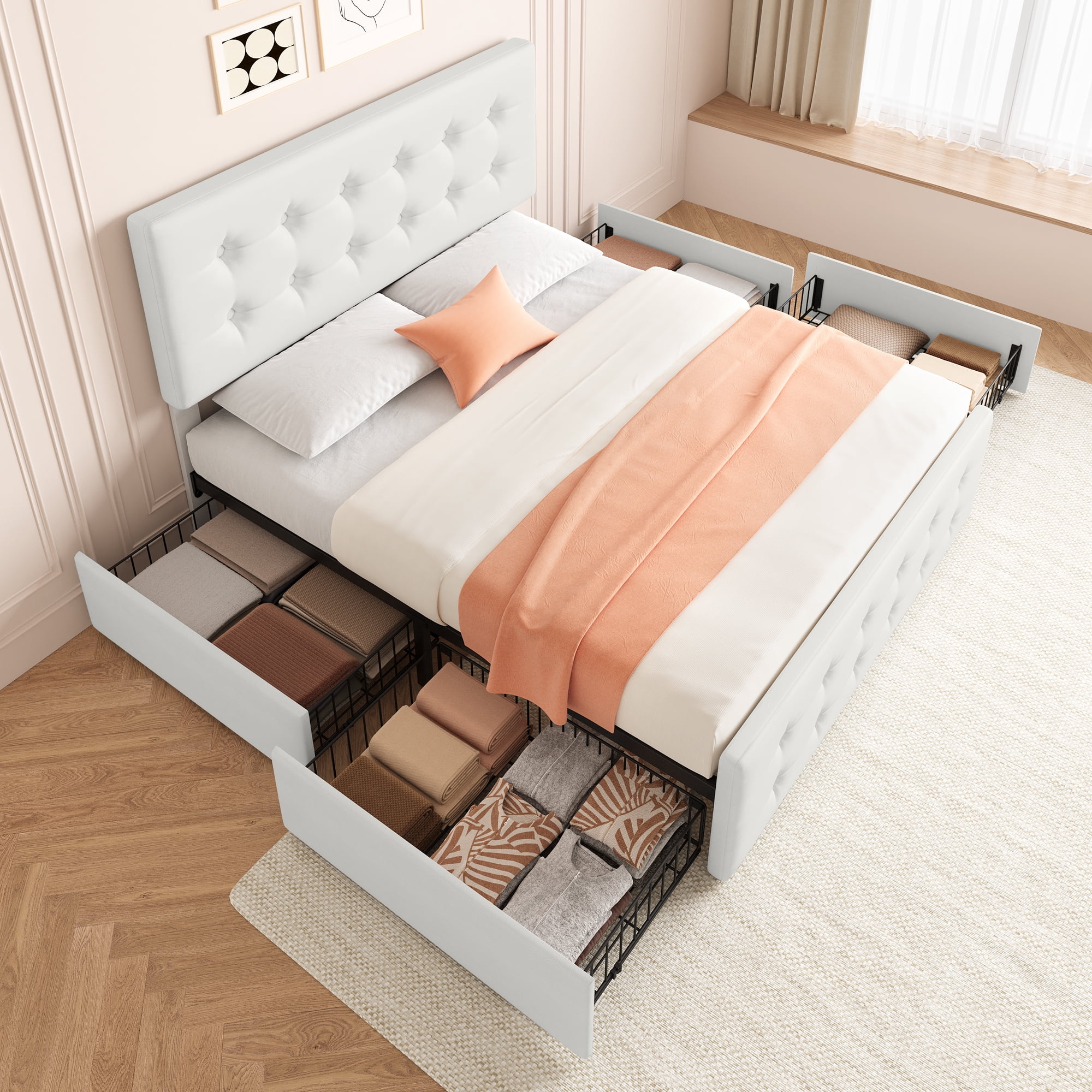 Huisuilinss Linen Upholstered Platform Bed Frame Queen Size Bed Frame With Button Tufted Design Headboard Full Size Bed Frame With 4 Storage Drawers Wooden Slats Support No Box Spring Needed