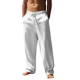 thumbnail image 2 of Dwellite Cotton Linen Pants for Men Casual Drawstring Loose Fit Summer Beach Pants Lightweight Trousers with Pockets White 3XL, 2 of 6
