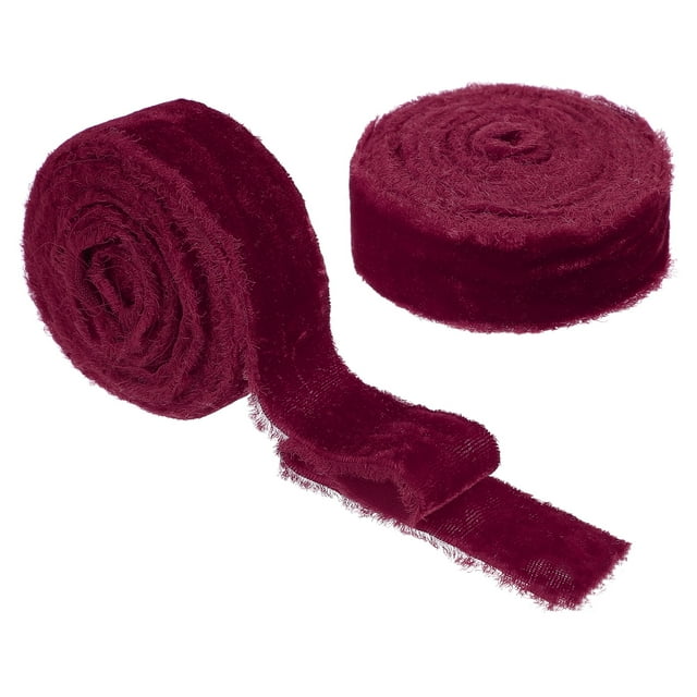 Uxcell Velvet Ribbon, Handmade Frayed Raw Edge Thick Fringe Ribbon in burgundy color, featuring a plush velvet texture with a slightly glossy surface and rustic edges. Includes two rolls, each measuring 2.5 cm x 2.7 m (1 inch x 6 yards). Ideal for arts and crafts, sewing projects, gift wrapping, DIY crafts, floral arrangements, and home decor.
