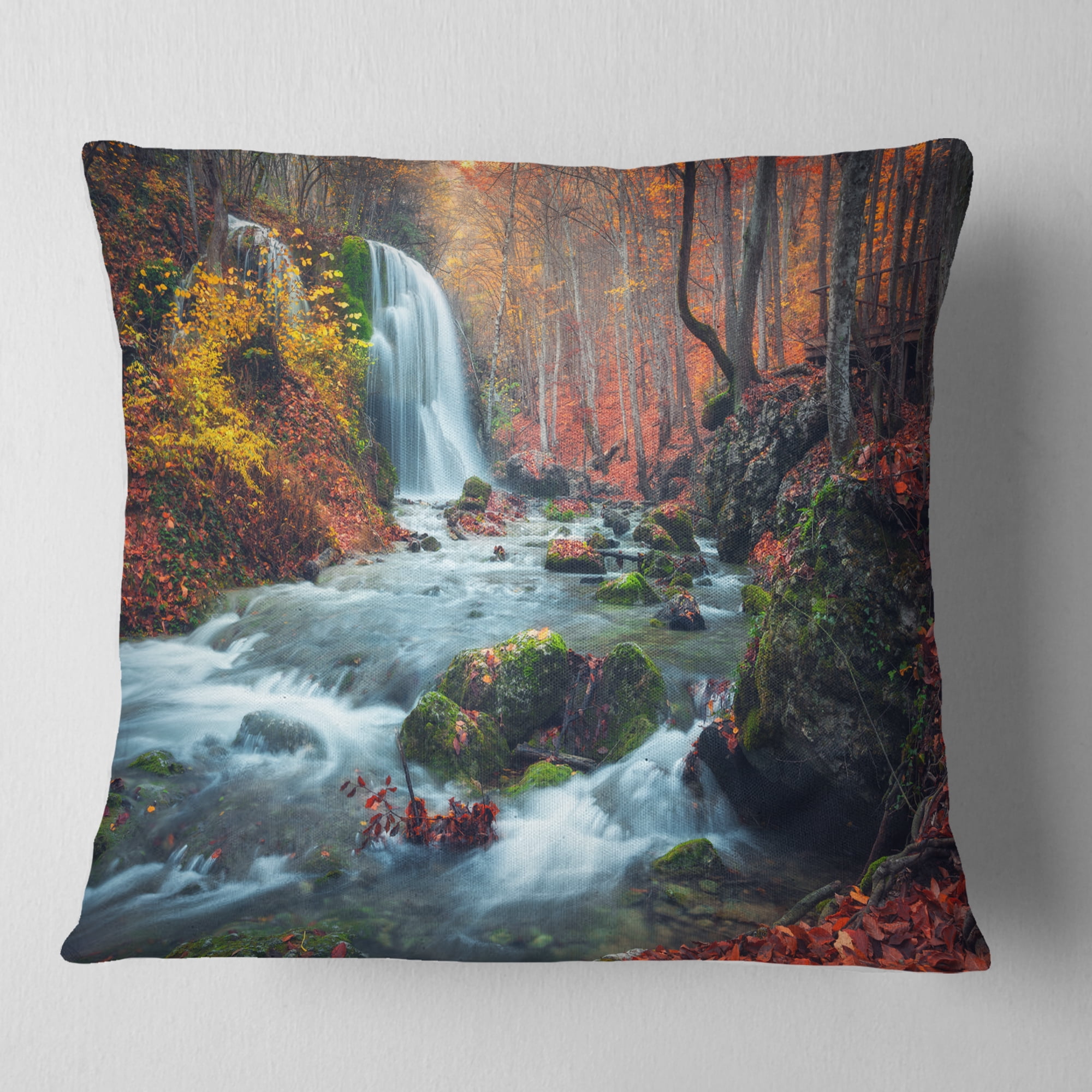 Designart Autumn Mountain Waterfall Long View - Landscape Photography Throw Pillow - 18x18