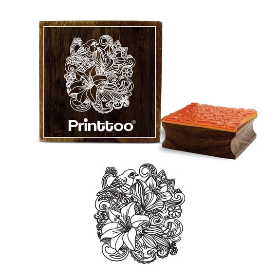 Printtoo Card Making Wooden Rubber Stamp Square Floral & Bird Pattern Stamps-5 x 5 Inches