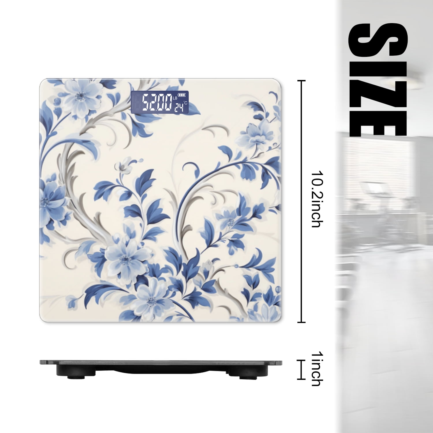 Bathroom Scale, Highly Accurate Digital Body Scale,Precisely Measures Weight up to 400 lbs-Blue And White Porcelain-Style Floral With Vines And Leaves