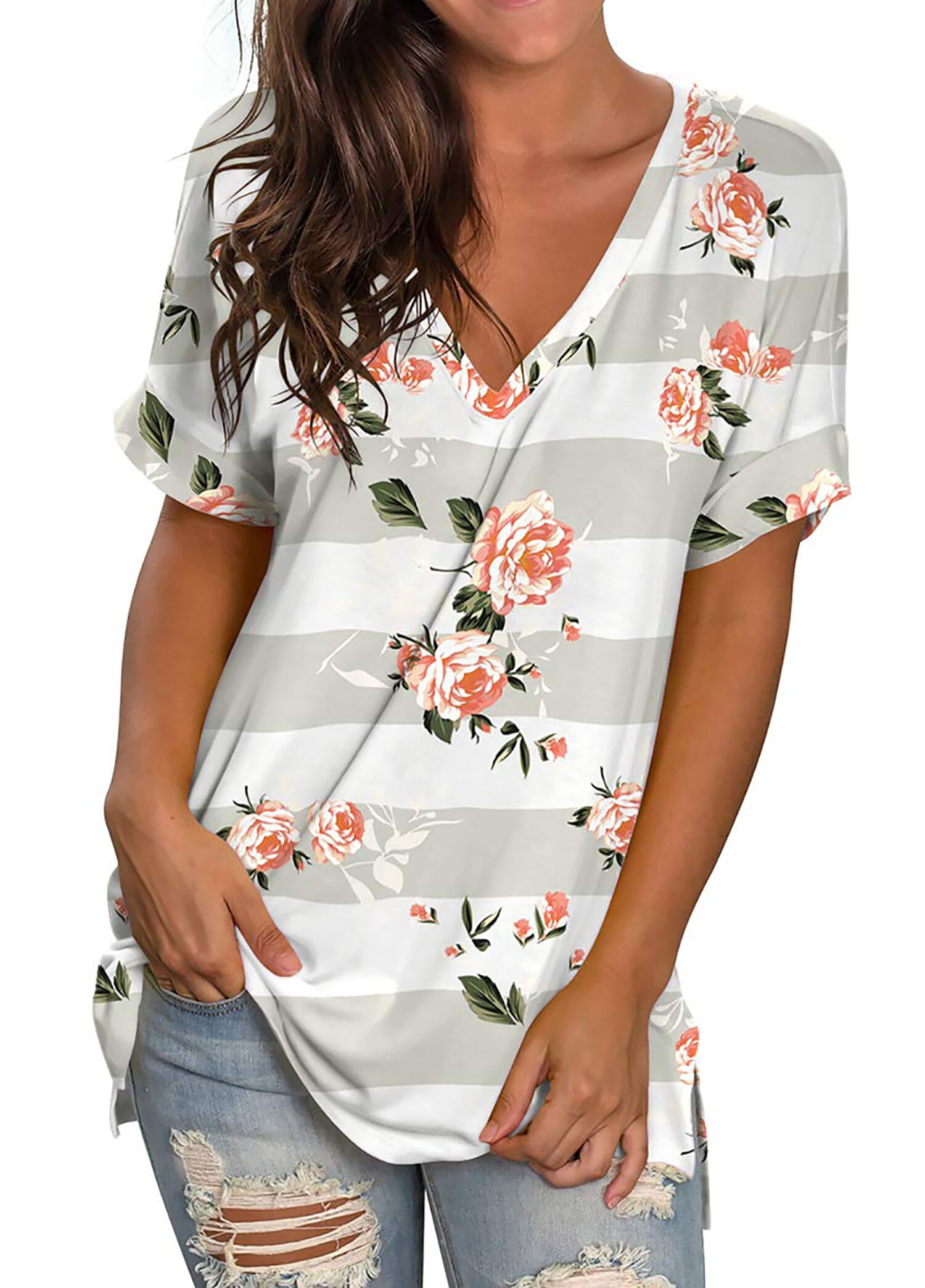 Fantaslook V Neck T Shirts for Women Floral Summer Tops Short Sleeve ...