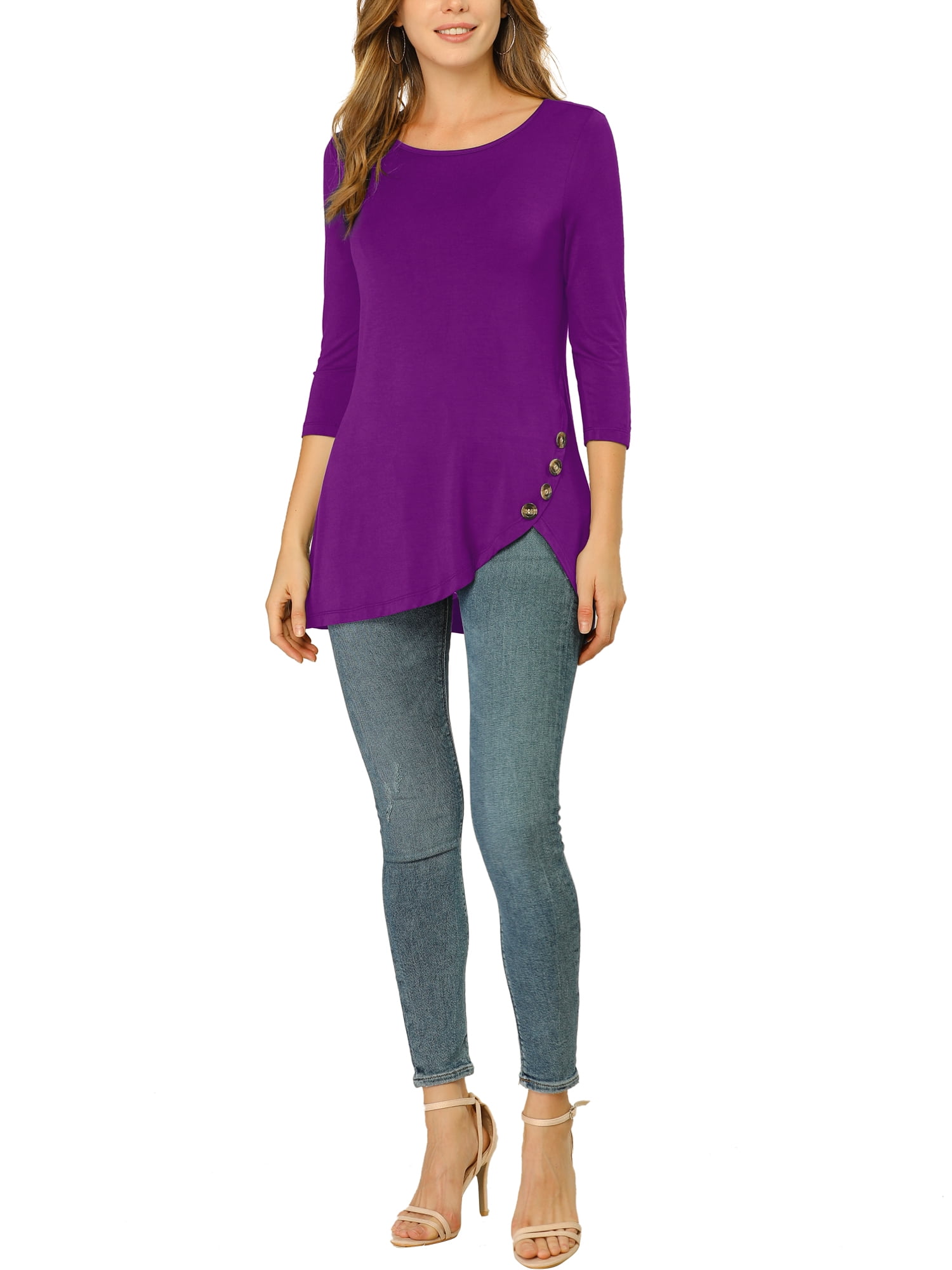 DARING DIVA Women's Casual Stretchy Tunic Asymmetric Hem Top XL Purple