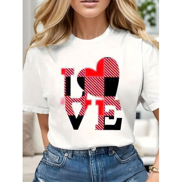 Valentine's Day Heart Pattern T-Shirt Stylish Crew Neck Women's Casual Round Neck Short Sleeve Tee For Adult, Men, Women, Teen, Teenager, Adolescent, Youth