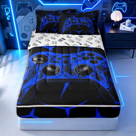 Erosebridal Blue Flame Controller Zipper Twin Comforter Sets with Fitted Sheet and 2 Pillowcases for Boys Men, Abstract Texture Honeycomb Zipper Bedding Set, Gamepad Reversible, 4 Pieces