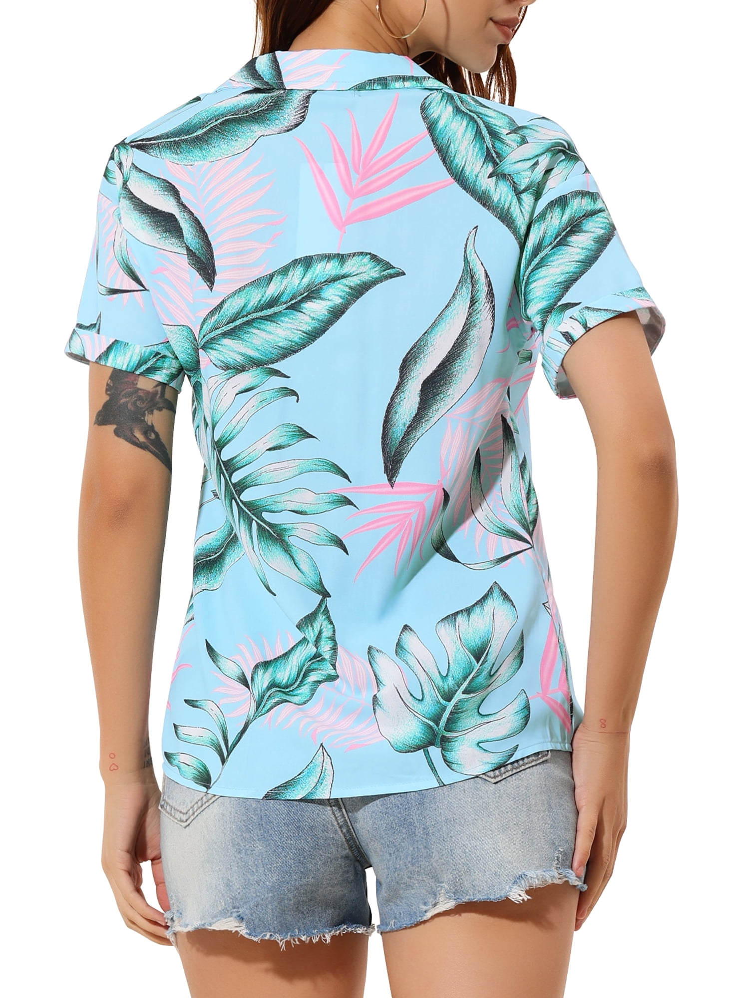 DARING DIVA Floral Leaves Print Short Sleeve Beach Top XS Blue Pink
