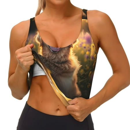Qokaie Sunset Daisy Dog Pattern Womens Scoop Neck Sports Bra Breathable Workout Vest Padded U Back Medium Impact Fitness Gym Yoga Bra Workout Crop Top