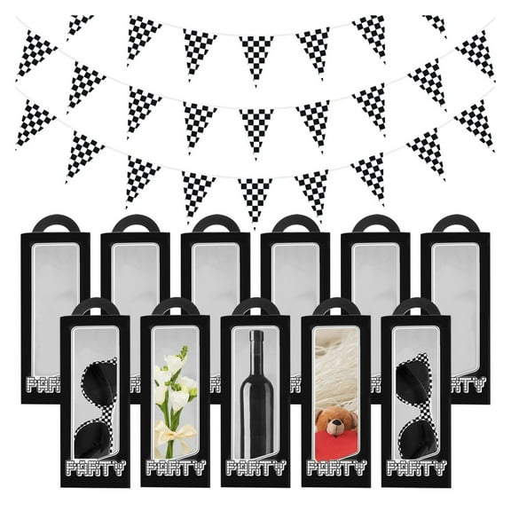 48 Pcs Racecar Party Decoration Set 24 Flags Race Car Black and White Checkered Pennant 12pcs Plastic Glasses and 12pcs Let's Go Racing Theme Birthday Party Treat Boxes with Handle for Gift Wrap
