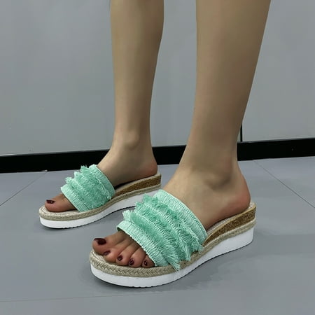 

bvgfsahne Ladies Fashion Summer Bohemian Tassel Colored Fabric Face Open Toe Slope Heel Thick Sole Sippers