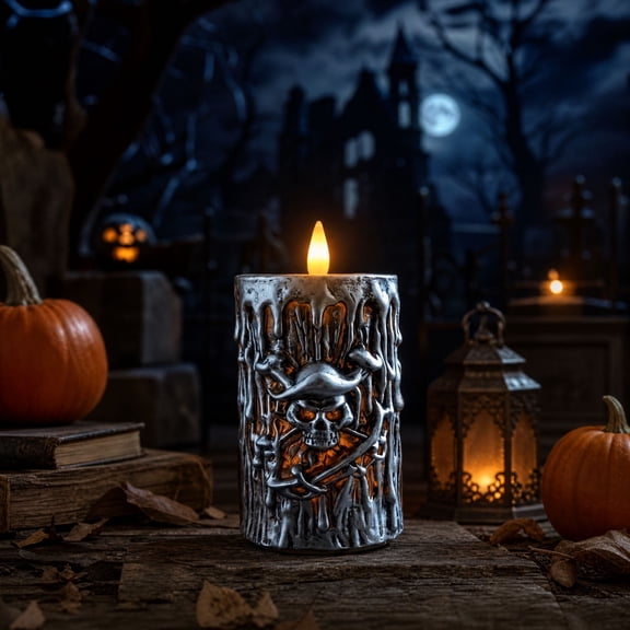 Halloween Skull Resin LED Flameless Candle, Vintage Gothic Skeleton Light Decor for Spooky Party Tabletop Ornament, Home Decor, Holiday Displays, Events, and Gifts